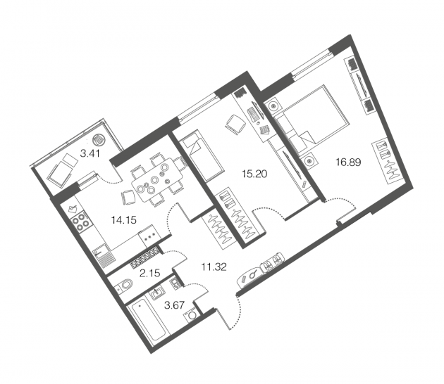Двухкомнатная квартира 63.5 м²