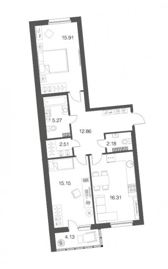 Двухкомнатная квартира 70.4 м²