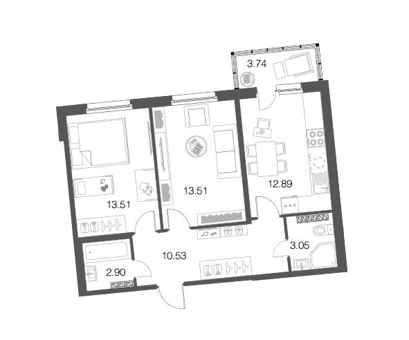 Двухкомнатная квартира 56.3 м²