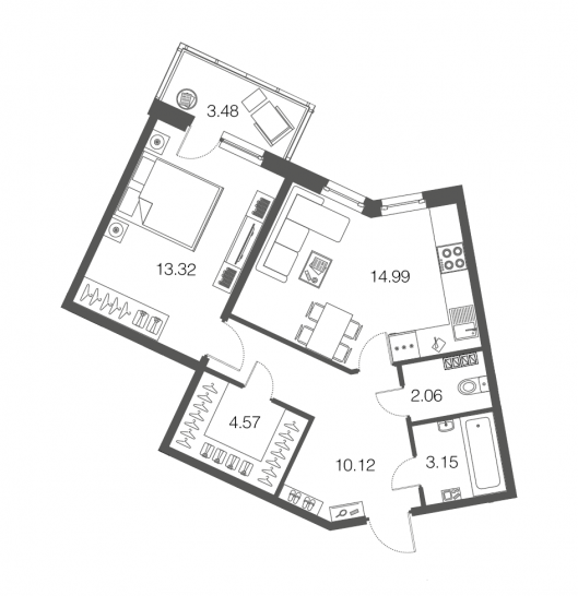 Однокомнатная квартира 48.4 м²