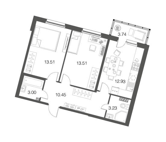 Двухкомнатная квартира 56.5 м²