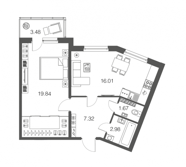 Однокомнатная квартира 47.7 м²