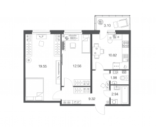 Двухкомнатная квартира 57.1 м²