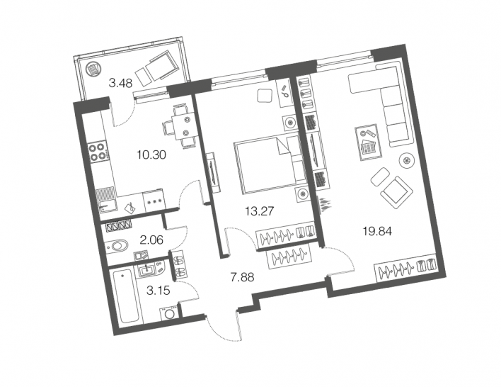 Двухкомнатная квартира 56.5 м²
